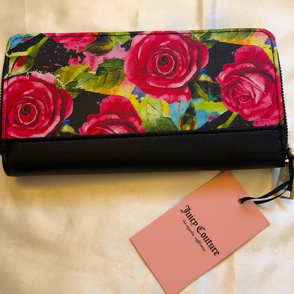 Juicy Couture Black Multi Rose Faux Leather Large Zip Around Wallet NWT - Picture 7 of 10